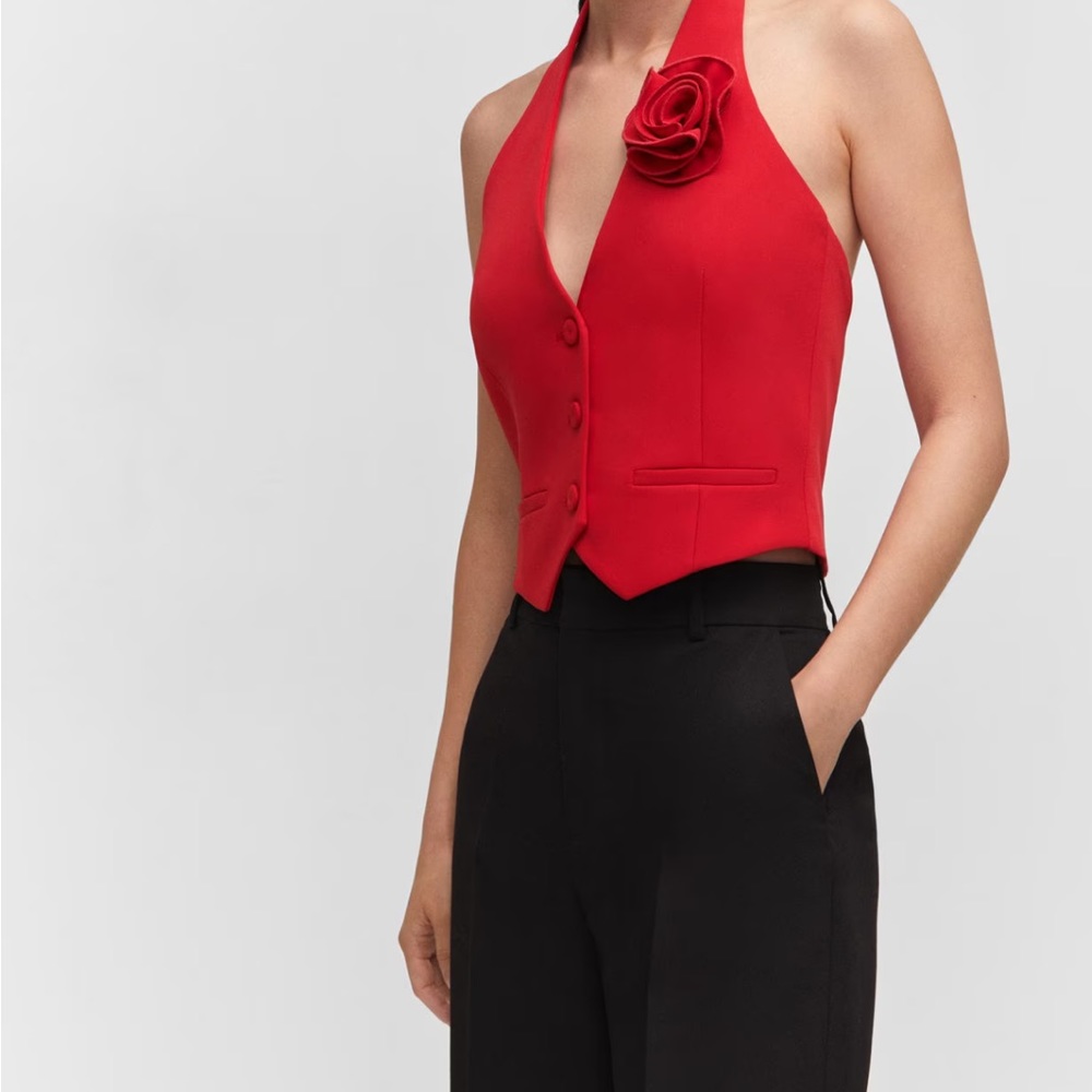 Mango XS Red Vest with Floral Appliqué